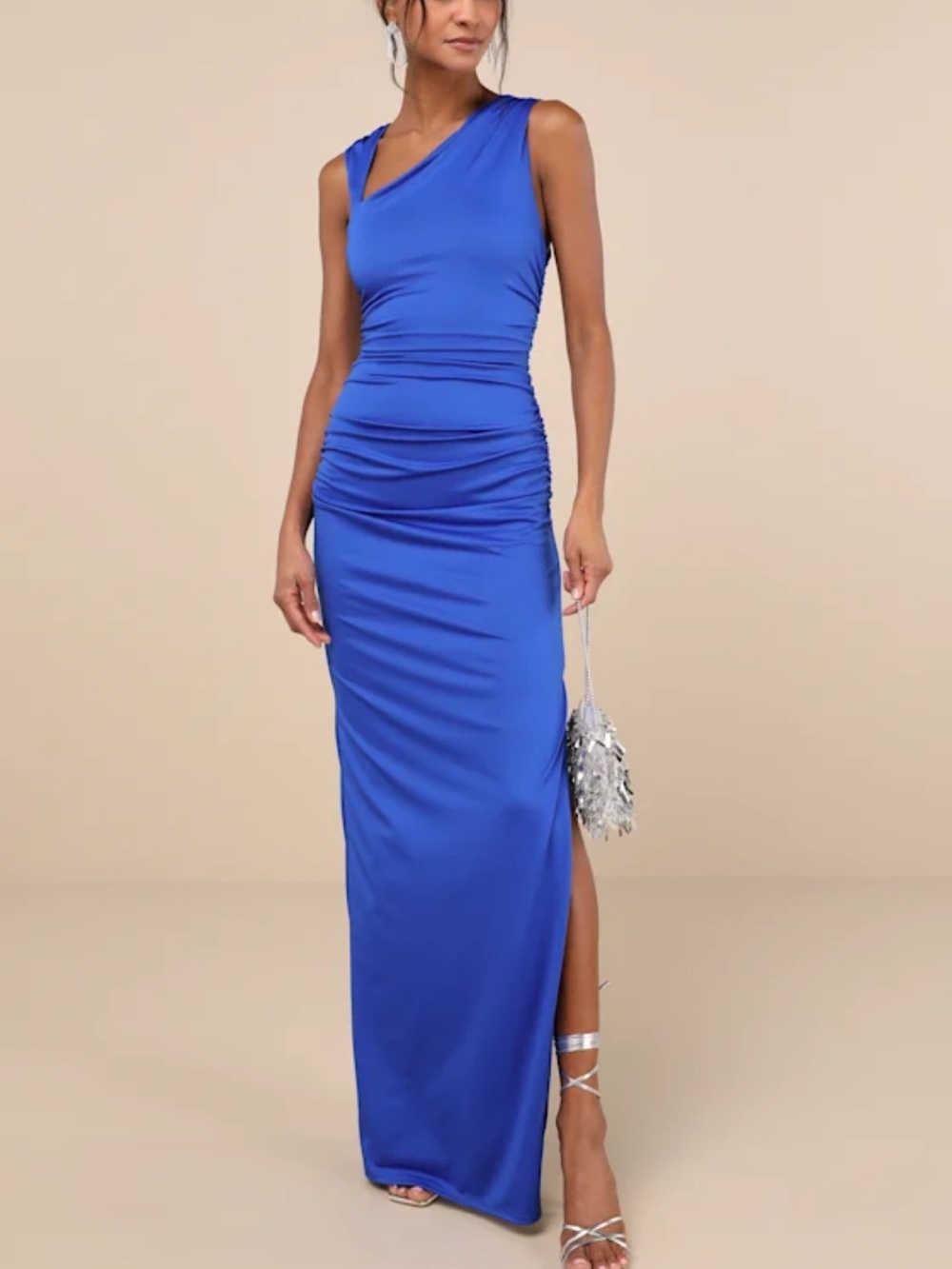 Lulu's Cobalt One-Shoulder Ruched Maxi Dress